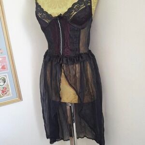 Vintage RARE Nan Flower black maroon babydoll negligée sheer lace ruffles medium